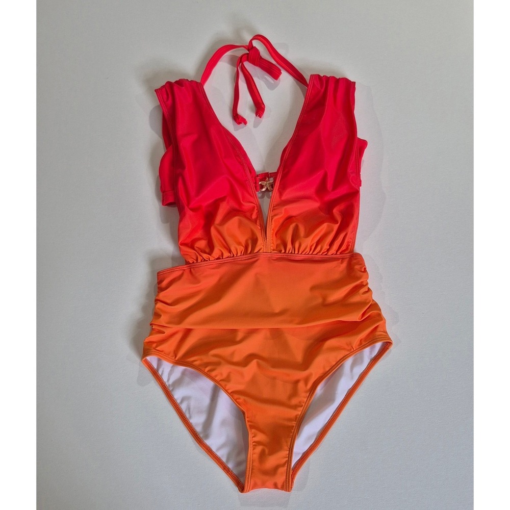 Unbranded Ombre Cutout One Piece Swimsuit & Halter Top Set Red Orange Starfish